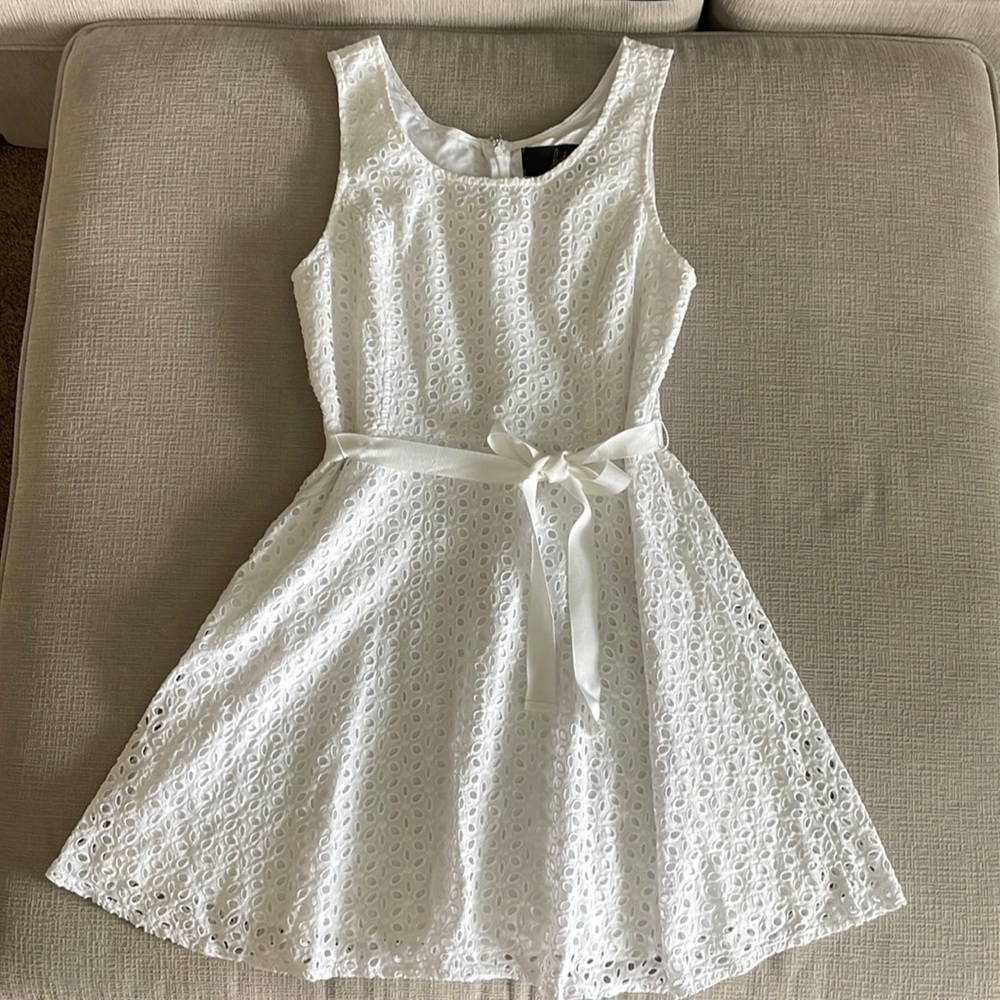 White eyelet sleeveless summer dress